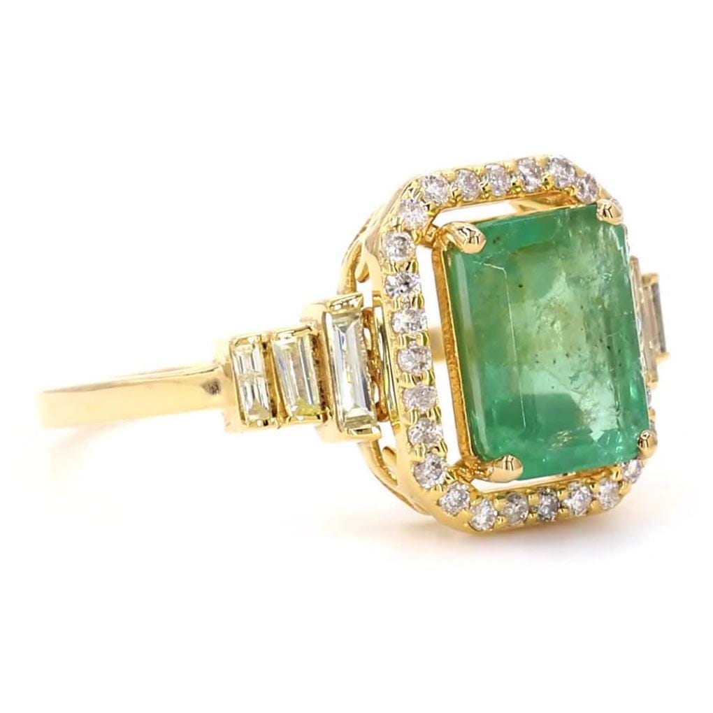 Emerald Cut Natural Emerald Diamond Ring, 14k Solid Gold, Natural Diamonds, Halo Baguette Gemstone Ring, Certified Jewelry