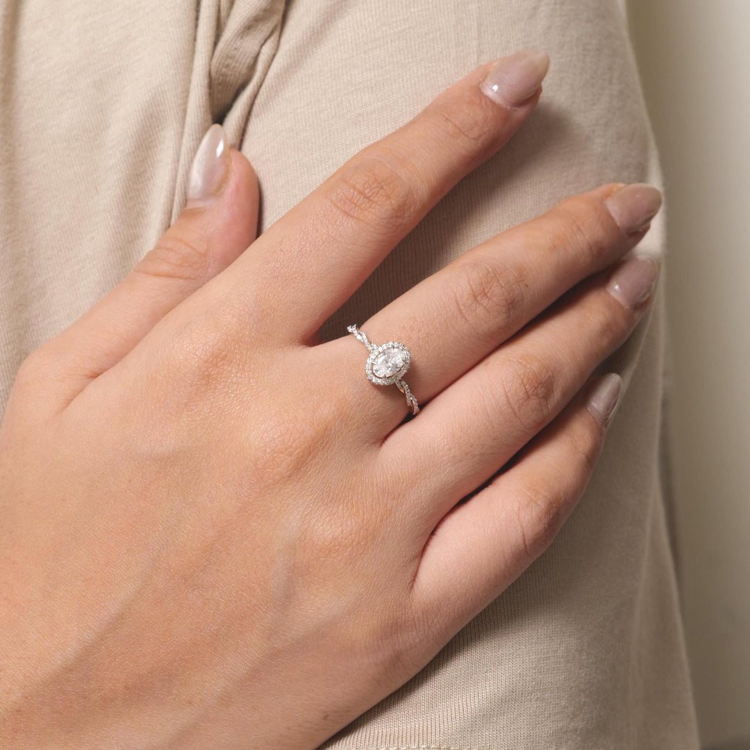 Oval Halo Natural Diamond Ring: 14k Solid Gold Twisted Band Wedding Ring, Certified Jewelry