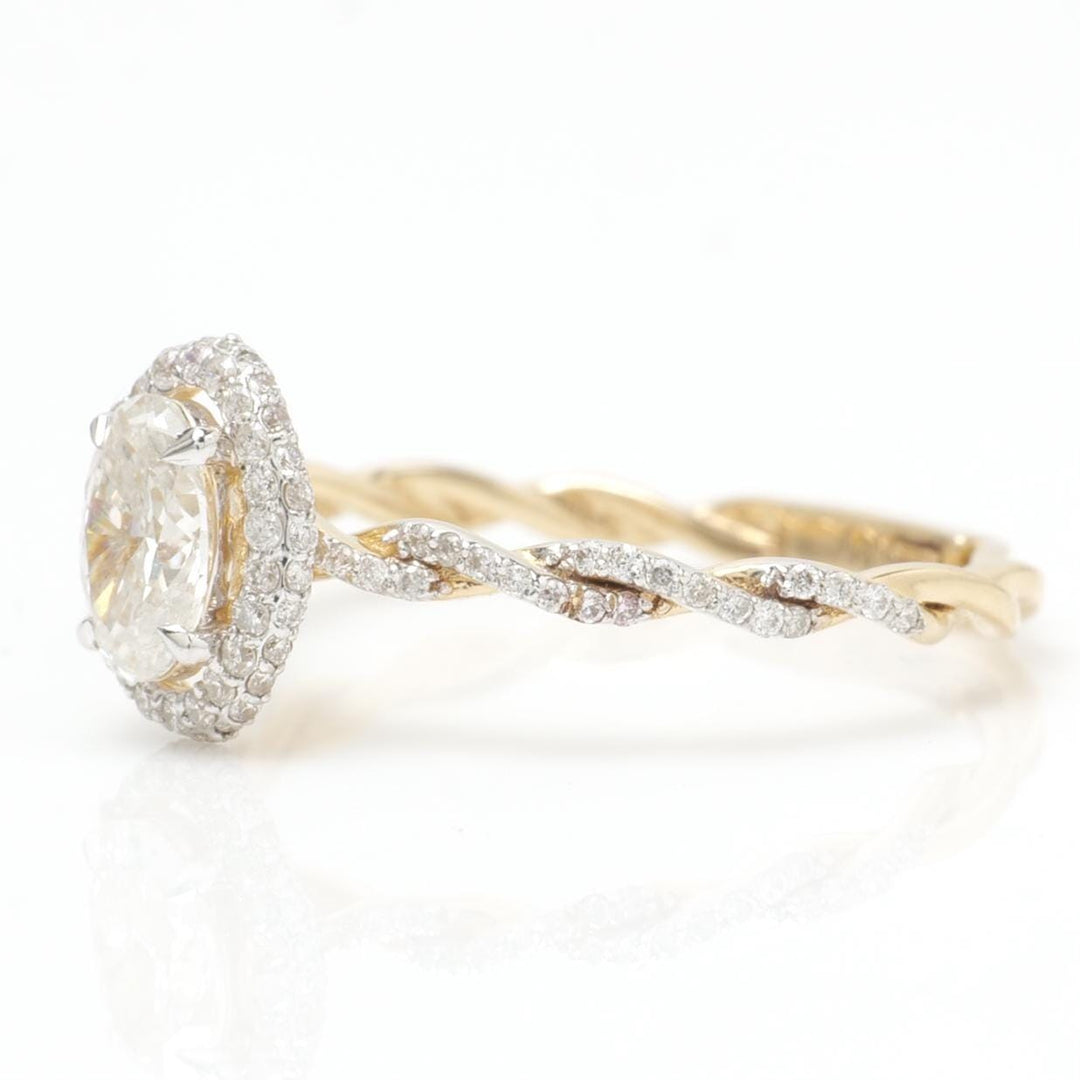 Oval Halo Natural Diamond Ring: 14k Solid Gold Twisted Band Wedding Ring, Certified Jewelry