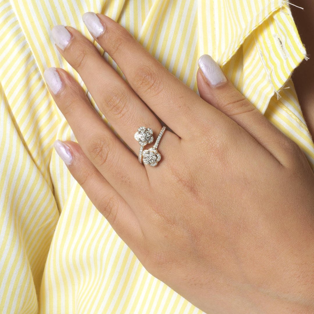 Double Floral Bypass Natural Diamond Ring: 14k Solid Gold Twin Flower Open Cuff Band Jewellery, Certified Jewelry