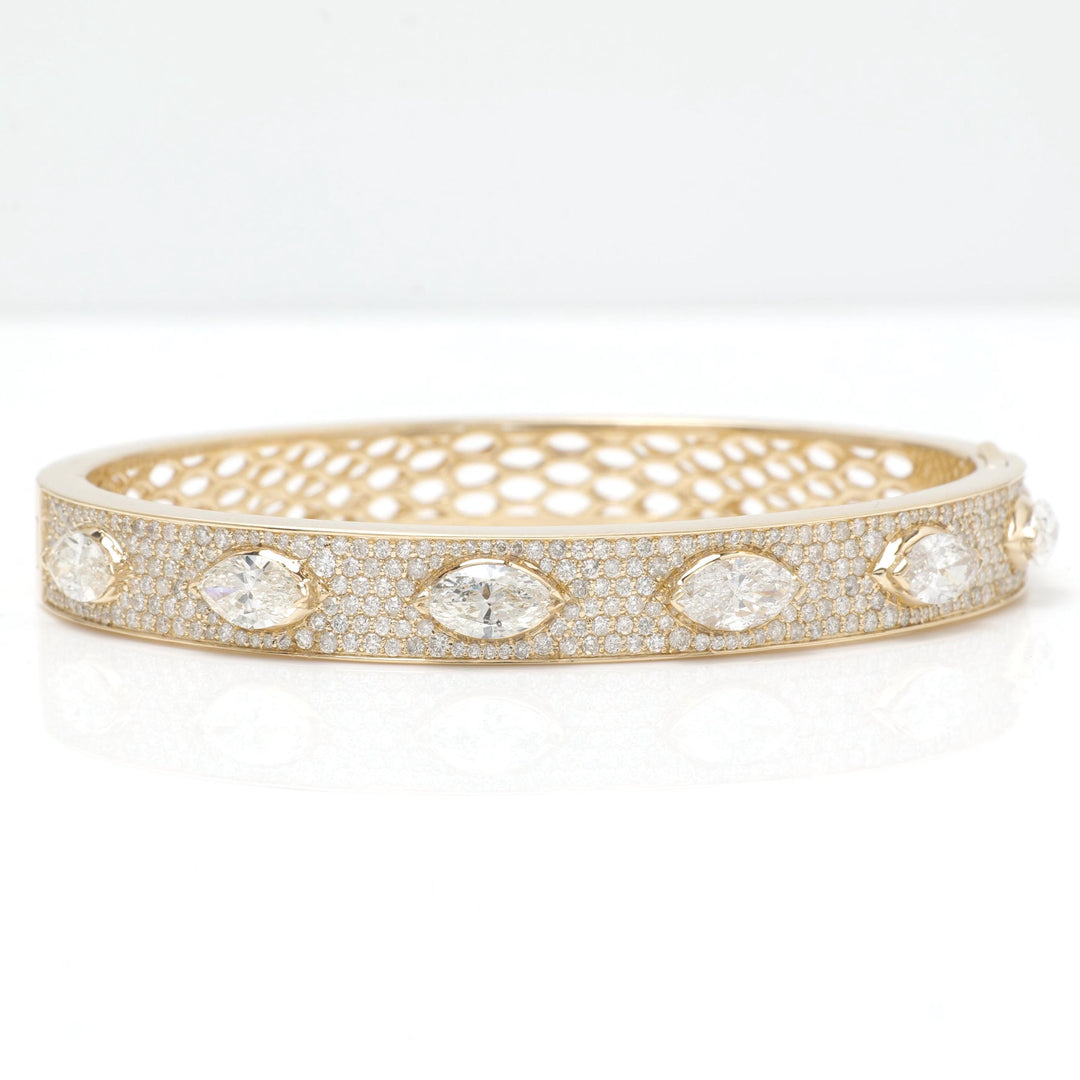 Marquise Diamond Bangle Bracelet: 14K Solid Gold Pave Statement Jewellery, Certified Jewelry