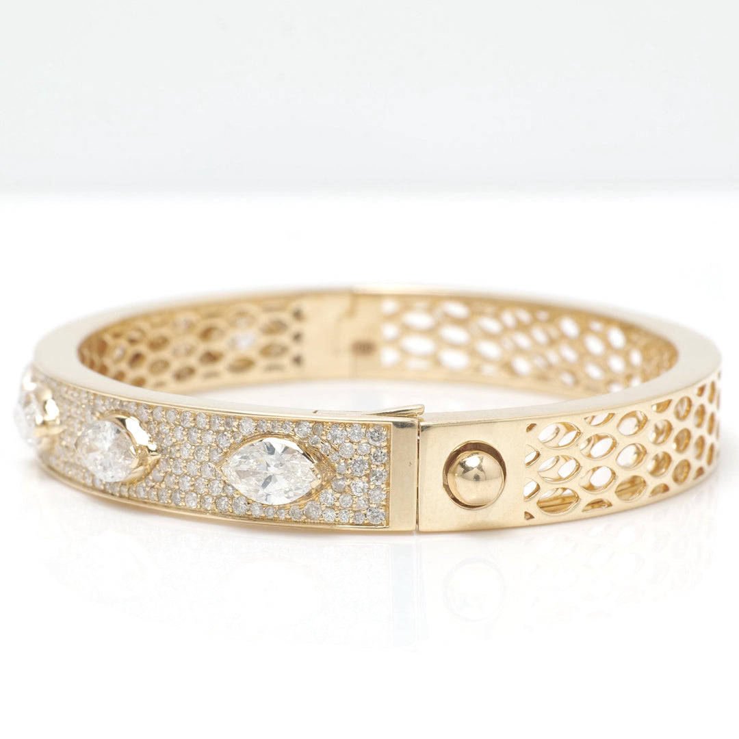 Marquise Diamond Bangle Bracelet: 14K Solid Gold Pave Statement Jewellery, Certified Jewelry