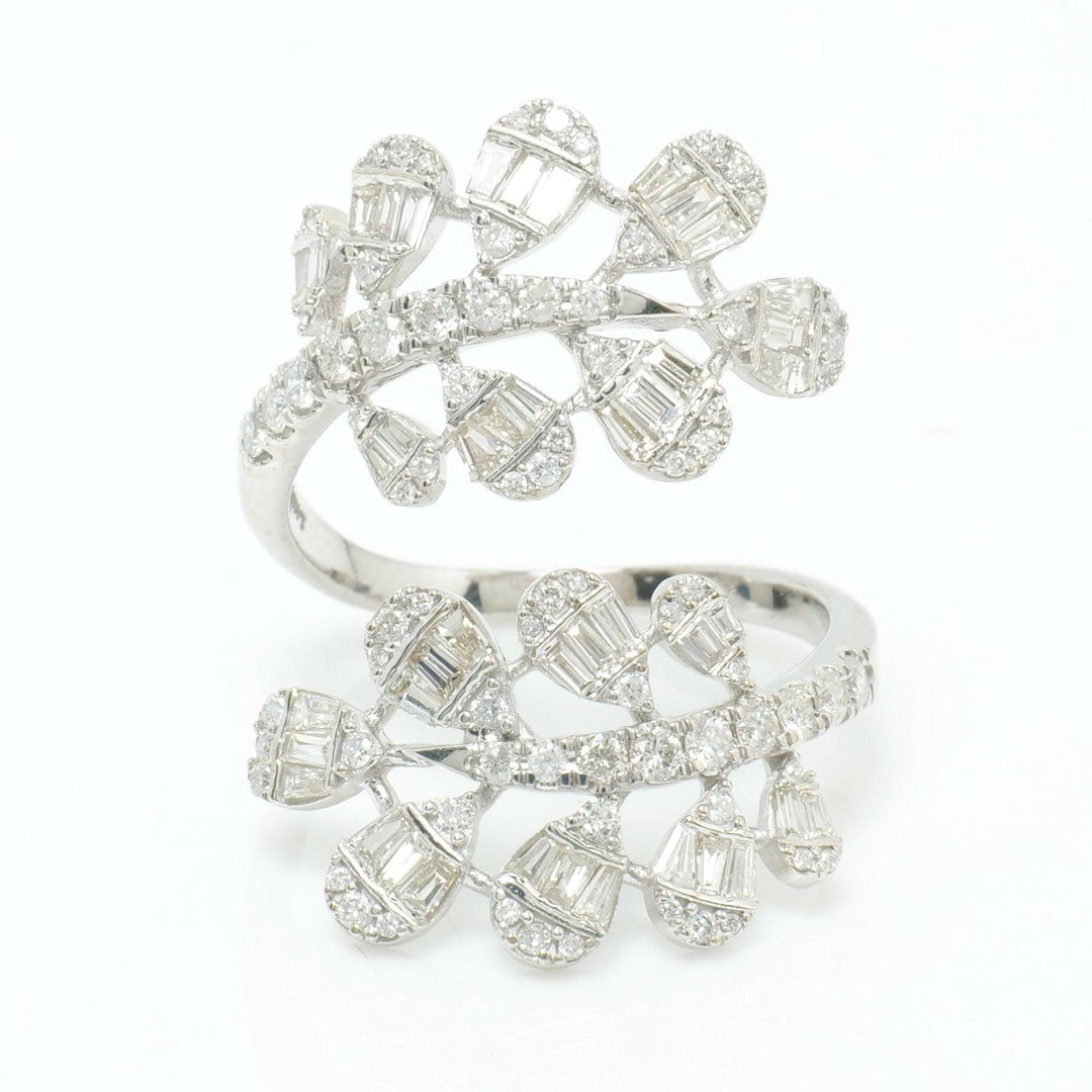 Leaf Cluster Baguette Natural Diamond Ring: 14k Solid Gold Open Bypass Ring, Certified Jewelry