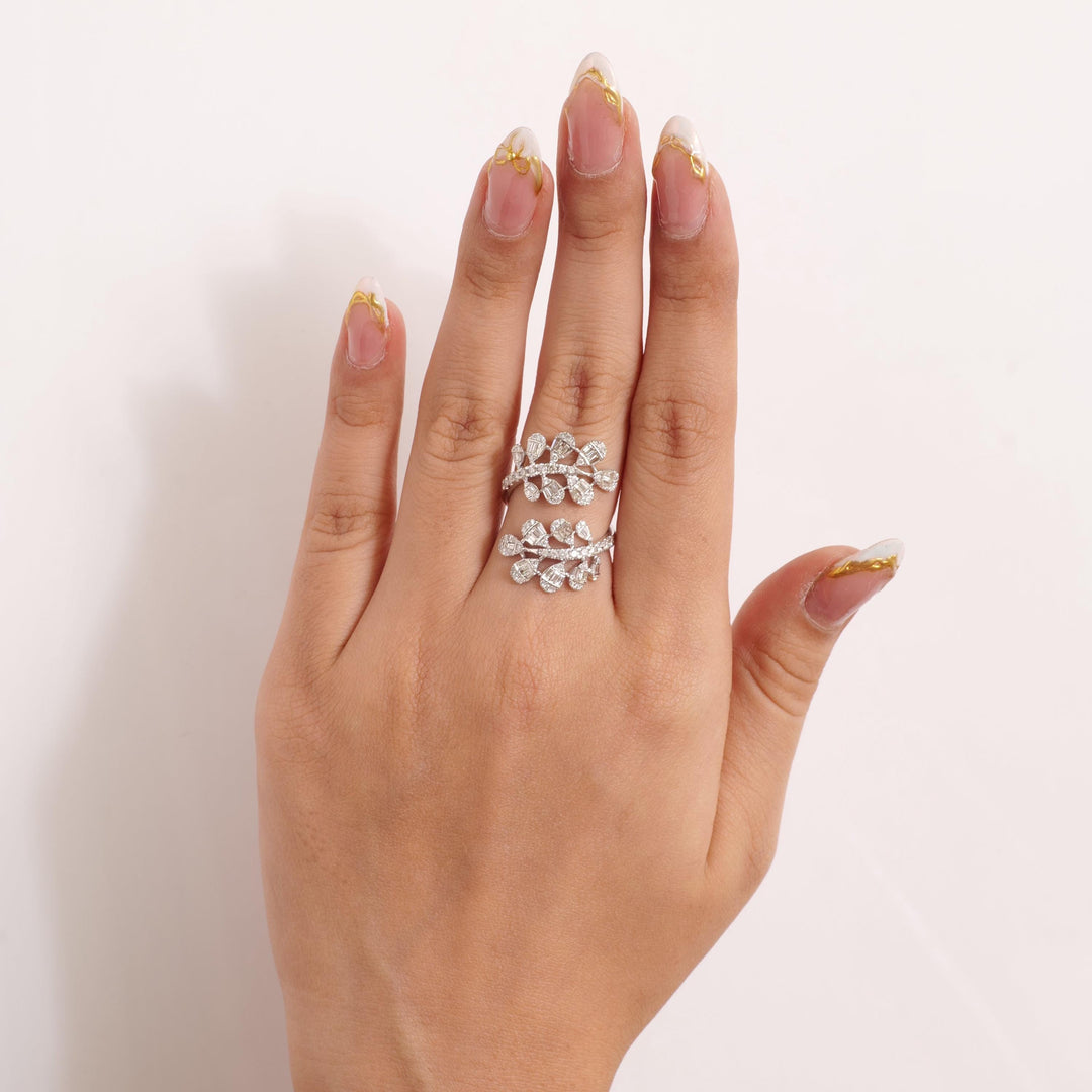 Leaf Cluster Baguette Natural Diamond Ring: 14k Solid Gold Open Bypass Ring, Certified Jewelry