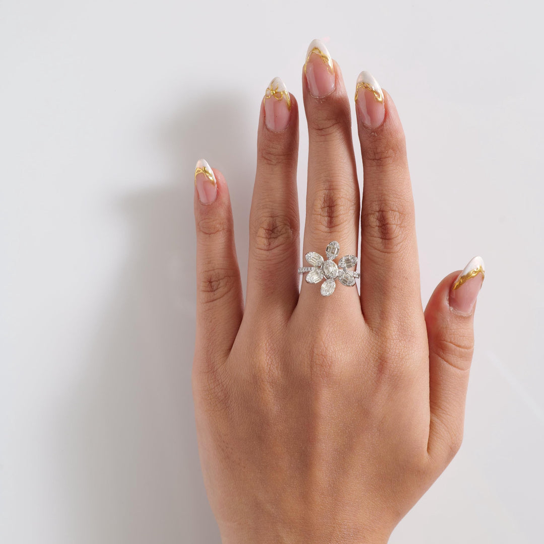 Floral Natural Diamond Cluster Ring: 14k Solid Gold Cocktail Statement Jewellery, Certified Jewelry