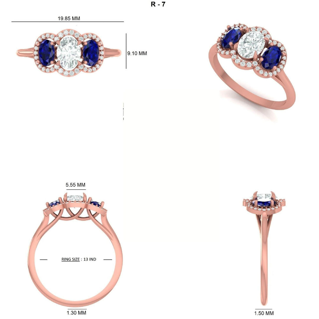Three Stone Natural Oval Sapphire & Diamond Ring: 14k Solid Gold Halo Gemstone Jewellery, Certified Jewelry