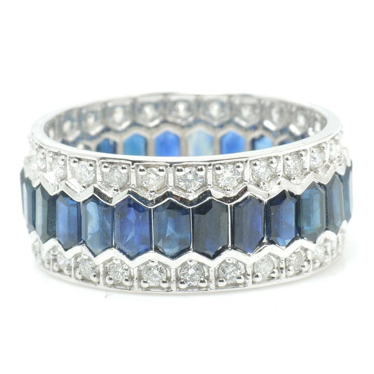 Natural Blue Sapphire & Diamond Band Ring: 14k Solid Gold Eternity Gemstone Stackable Ring, Certified Jewelry