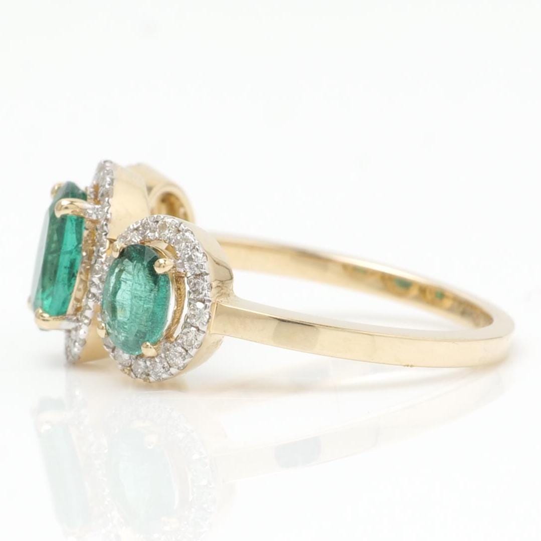 Natural Oval Emerald & Diamond Band Ring: 14k Solid Gold Halo Three Stone Gemstone Jewellery, Certified Jewelry