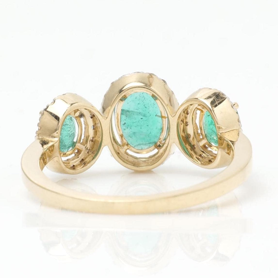 Natural Oval Emerald & Diamond Band Ring: 14k Solid Gold Halo Three Stone Gemstone Jewellery, Certified Jewelry