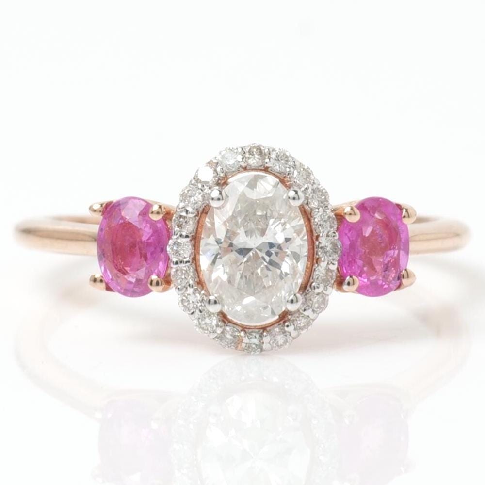Natural  Oval Diamond & Ruby Ring: 14k Solid Gold Halo Three Stone Ring, Certified Jewelry