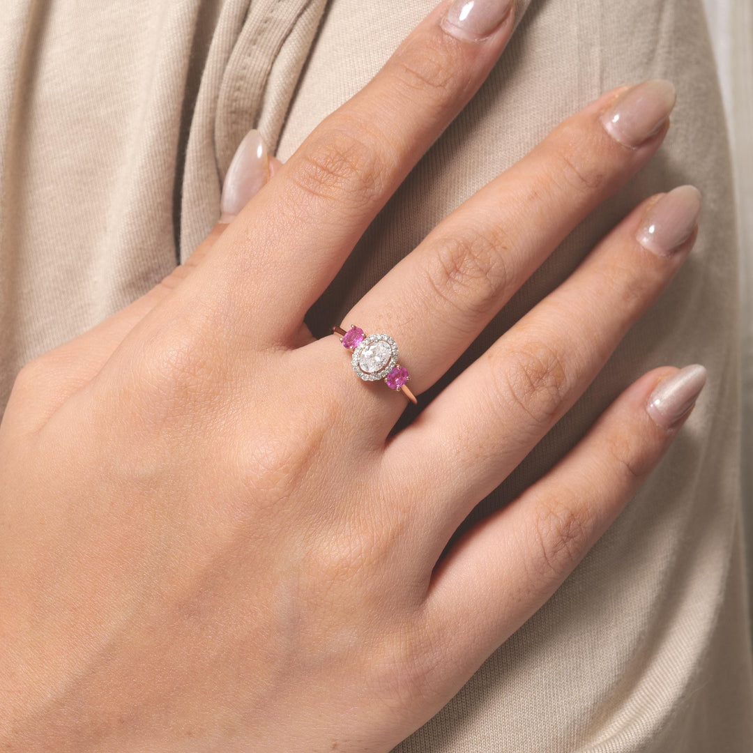 Natural  Oval Diamond & Ruby Ring: 14k Solid Gold Halo Three Stone Ring, Certified Jewelry