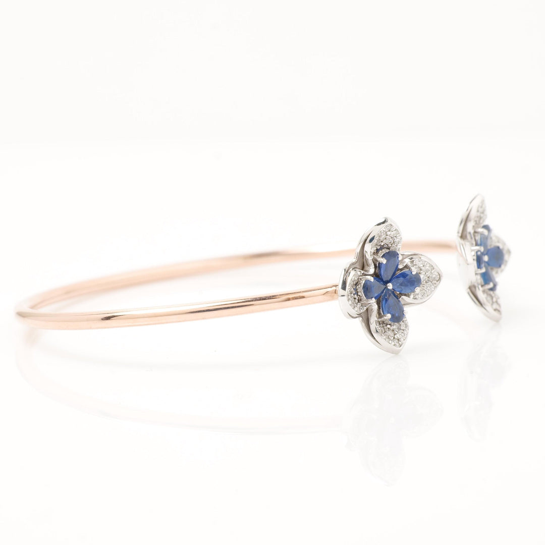 Floral Natural Sapphire &Diamond Bracelet, 14k Solid Gold Open Cuff Stackable Jewellery, Certified Jewelry