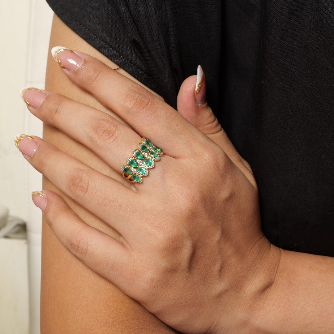 Natural Emerald Cluster Diamond Ring, 14k Solid Gold Wide Cocktail Band Jewellery, Certified Jewelry