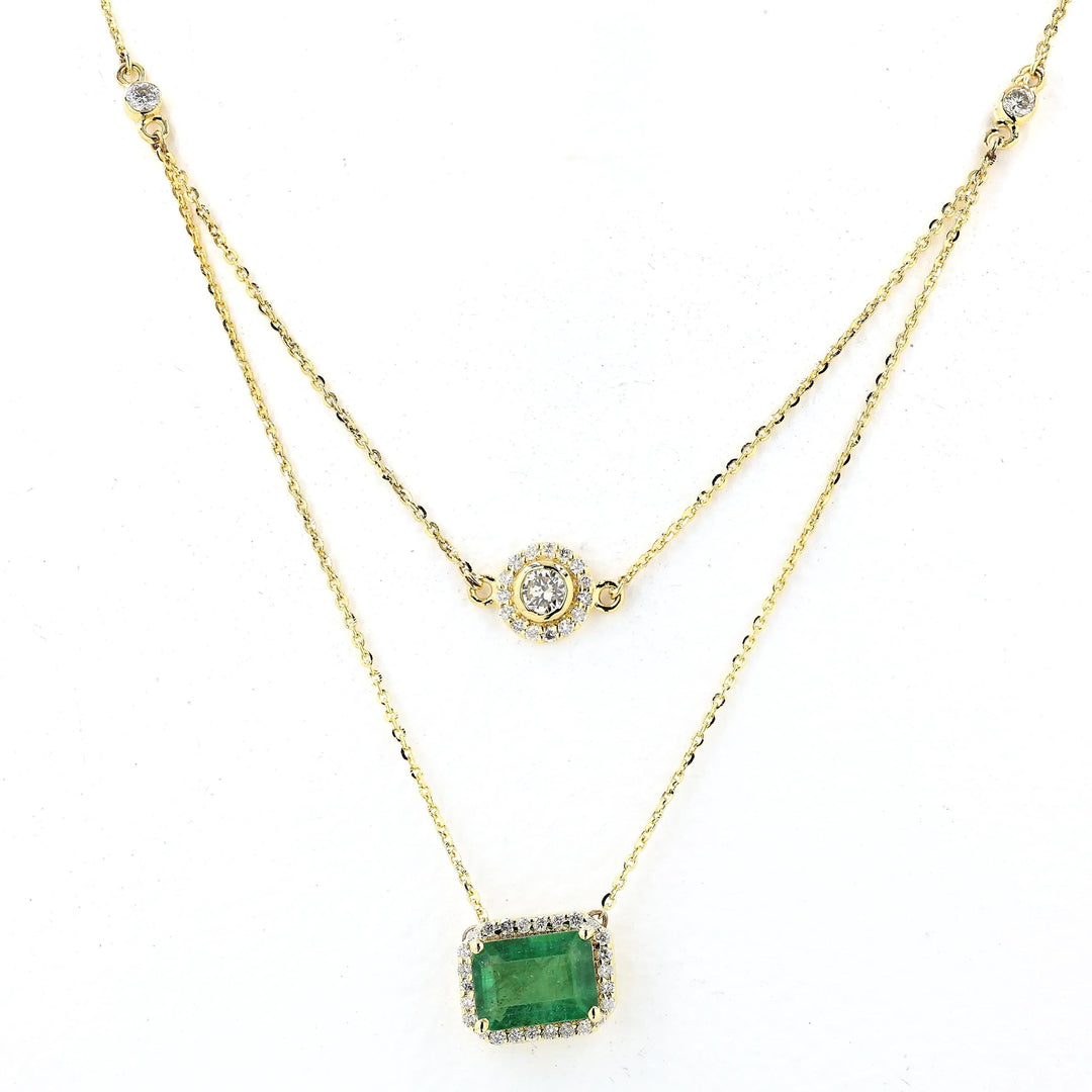 Layered Natural Emerald Diamond Necklace: 14k Solid Gold Double Chain Halo Stacking Jewellery, Certified Jewelry
