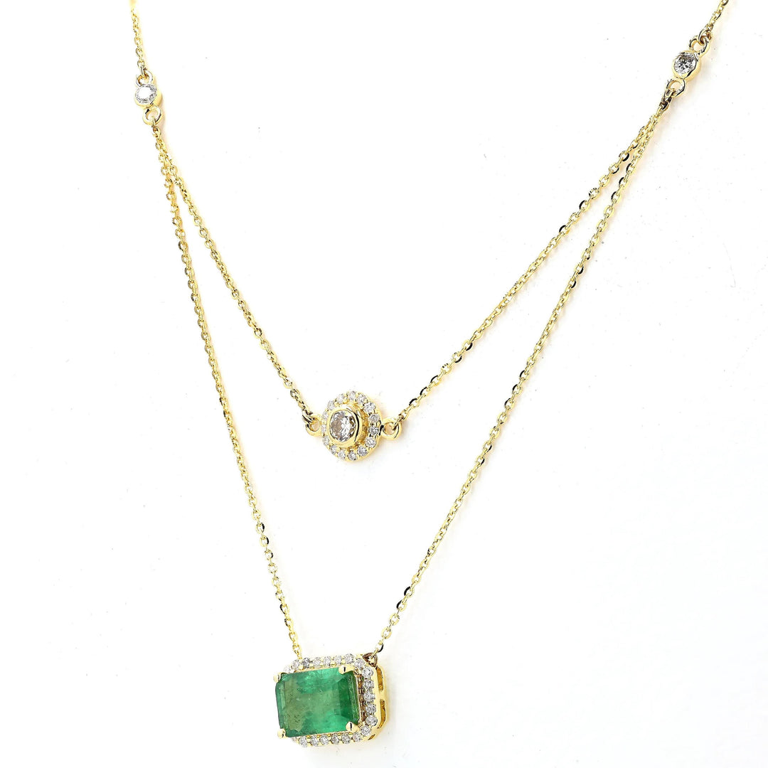 Layered Natural Emerald Diamond Necklace: 14k Solid Gold Double Chain Halo Stacking Jewellery, Certified Jewelry