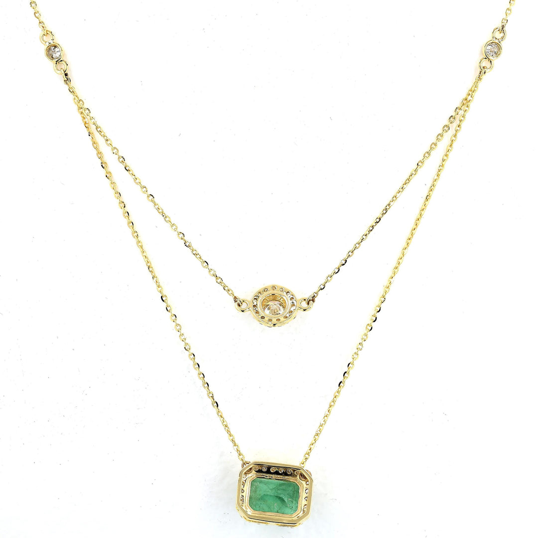 Layered Natural Emerald Diamond Necklace: 14k Solid Gold Double Chain Halo Stacking Jewellery, Certified Jewelry