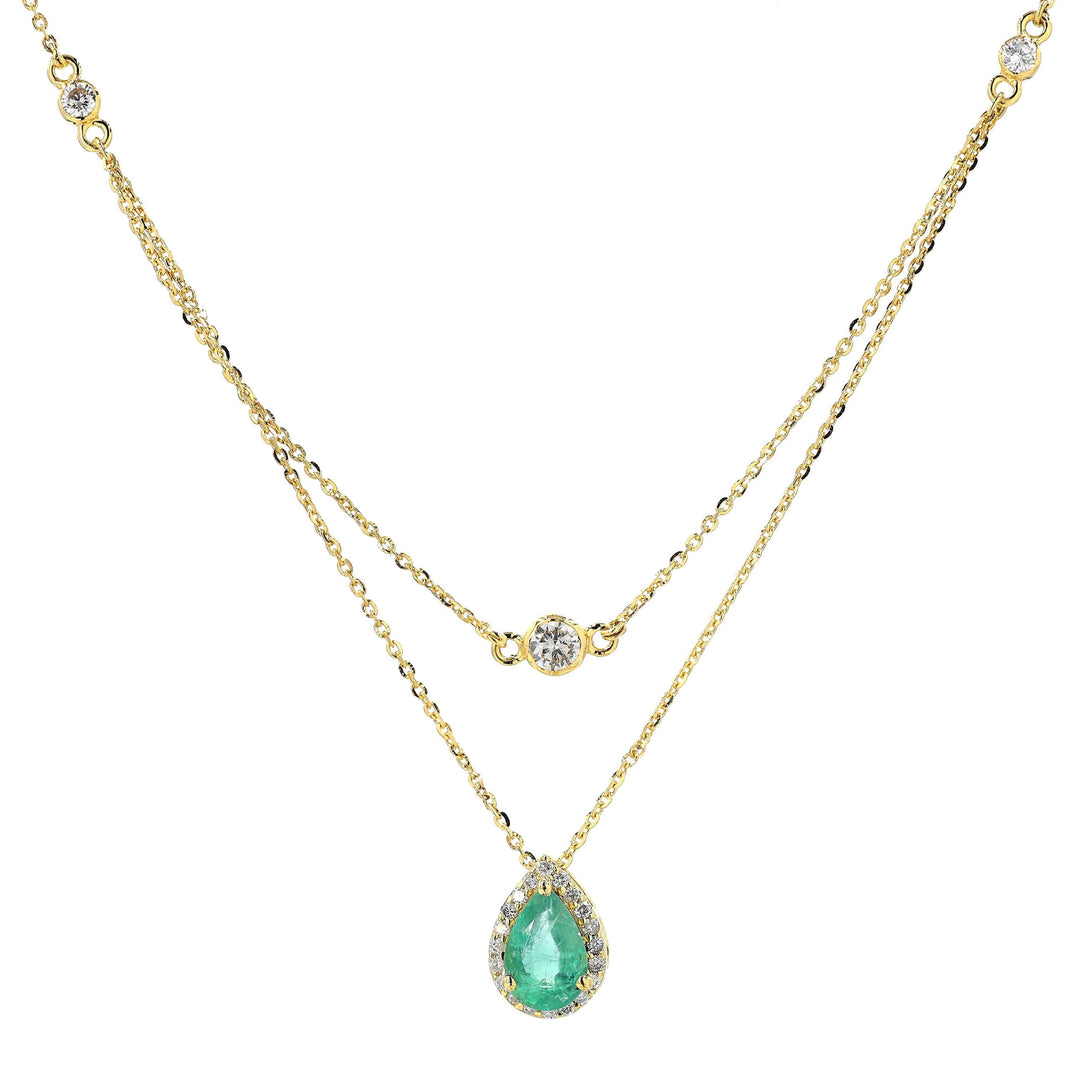 Natural Emerald Layered Diamond Stacking Necklace: 14k Solid Gold Pear Gemstone Jewellery, Certified Jewelry
