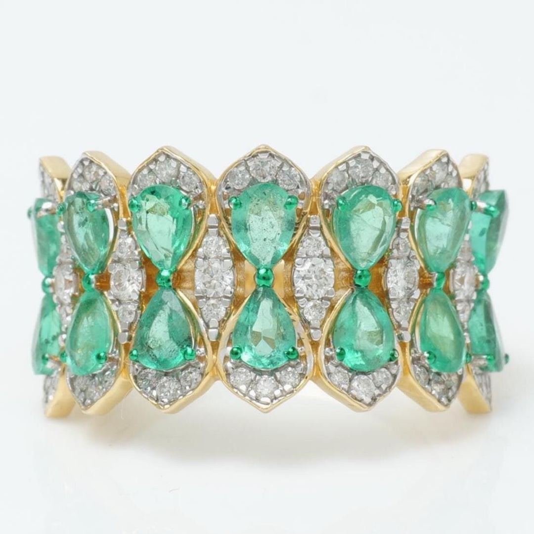 Natural Emerald Cluster Diamond Ring, 14k Solid Gold Wide Cocktail Band Jewellery, Certified Jewelry