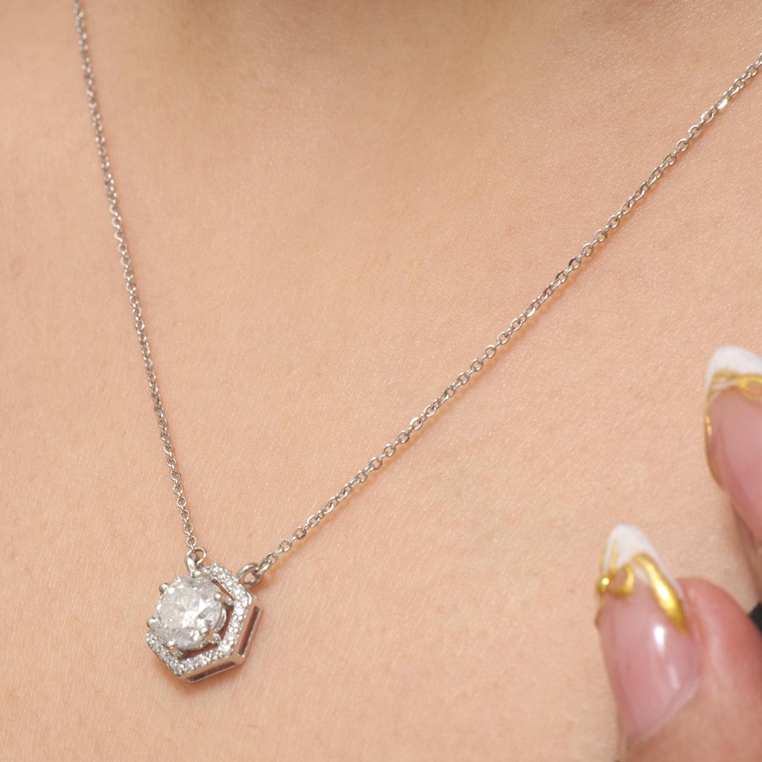 Hexagon Halo Solitaire Natural Diamonds Minimal Necklace: 14k Solid Gold Geometric Stacking Jewellery, Certified Jewelry