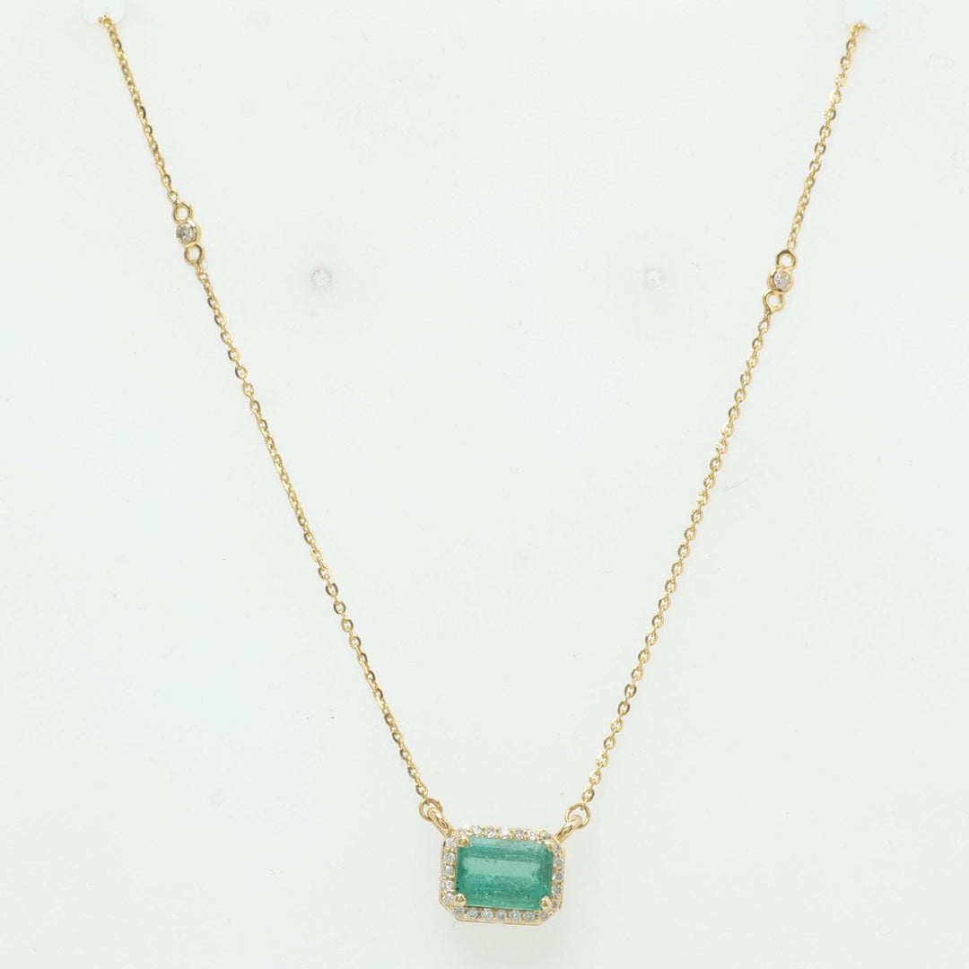 Natural Emerald Halo Diamond Station Necklace, 14k Solid Gold Gemstone Layering Jewellery, Certified Jewelry