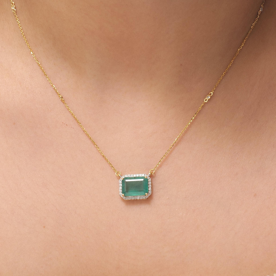 Natural Emerald Halo Diamond Station Necklace, 14k Solid Gold Gemstone Layering Jewellery, Certified Jewelry