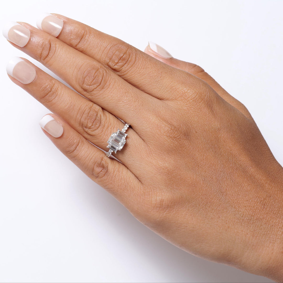 IGI Certified Emerald Cut Three Stone Lab Grown Diamond Ring: 14k Solid Gold Promise Wedding Ring