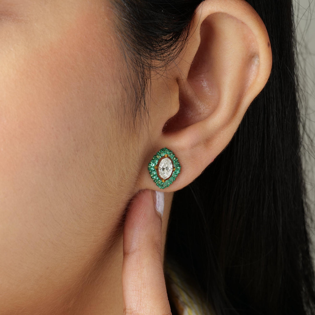 Marquise Natural Emerald & Diamond Stud Earrings: 14k Solid Gold Gemstone Halo Studs Jewellery, Certified Jewelry