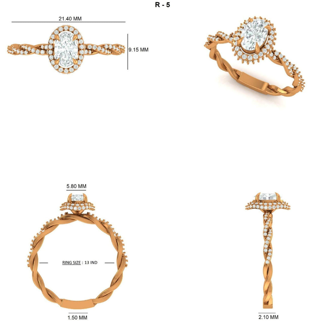 Oval Halo Natural Diamond Ring: 14k Solid Gold Twisted Band Wedding Ring, Certified Jewelry