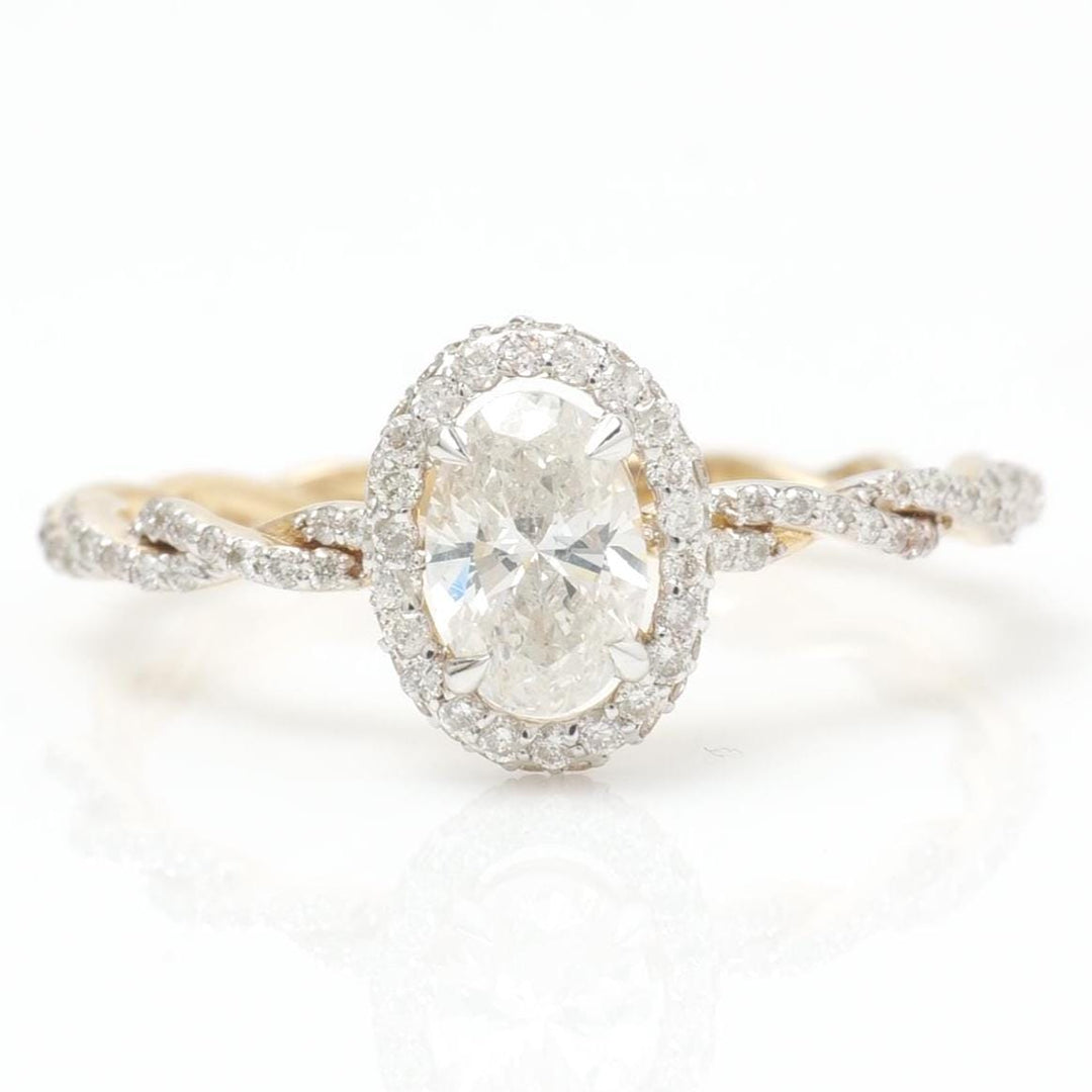 Oval Halo Natural Diamond Ring: 14k Solid Gold Twisted Band Wedding Ring, Certified Jewelry