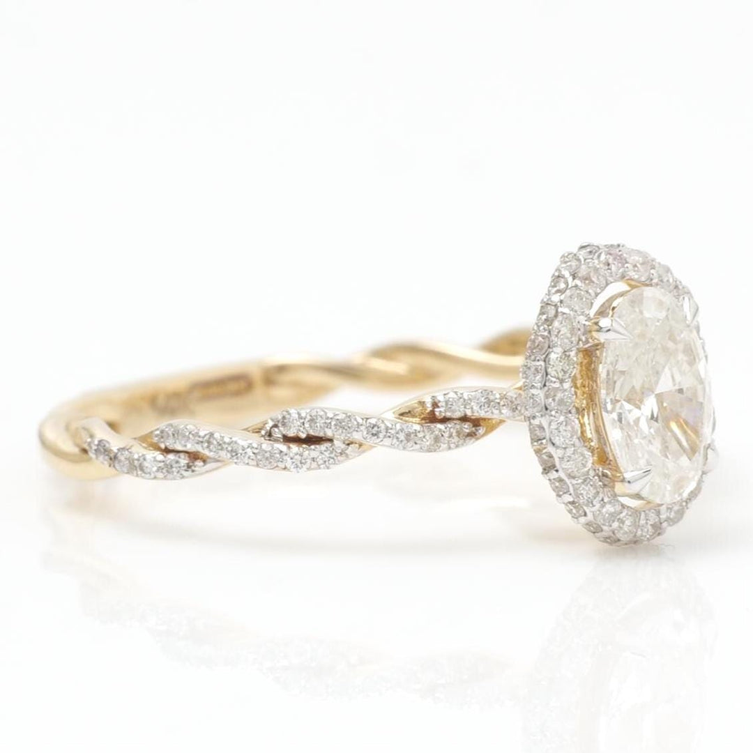 Oval Halo Natural Diamond Ring: 14k Solid Gold Twisted Band Wedding Ring, Certified Jewelry