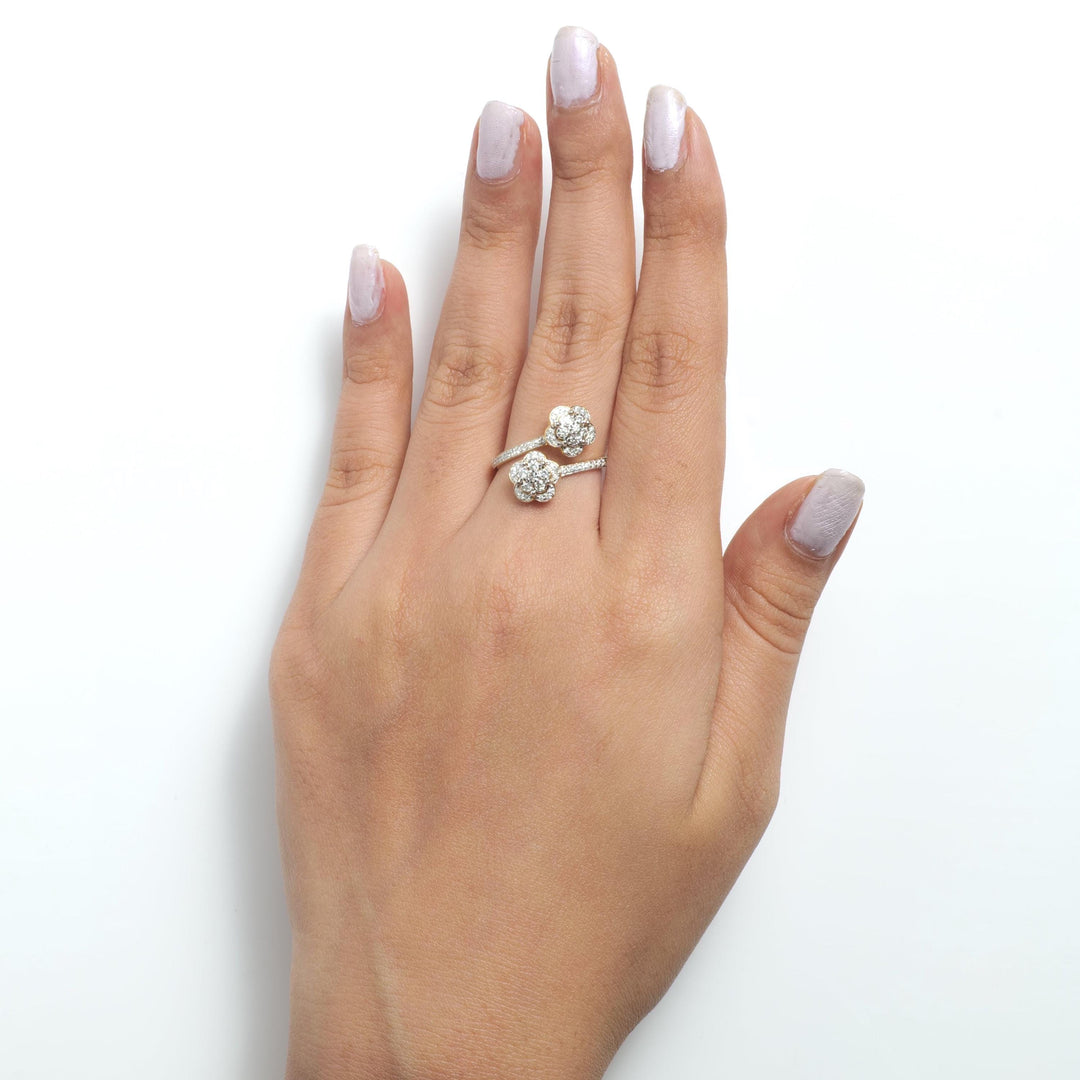 Double Floral Bypass Natural Diamond Ring: 14k Solid Gold Twin Flower Open Cuff Band Jewellery, Certified Jewelry