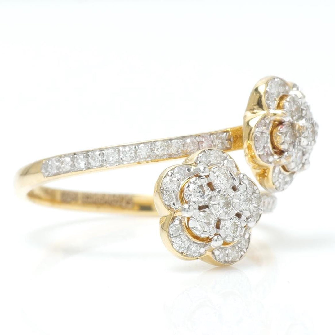Double Floral Bypass Natural Diamond Ring: 14k Solid Gold Twin Flower Open Cuff Band Jewellery, Certified Jewelry