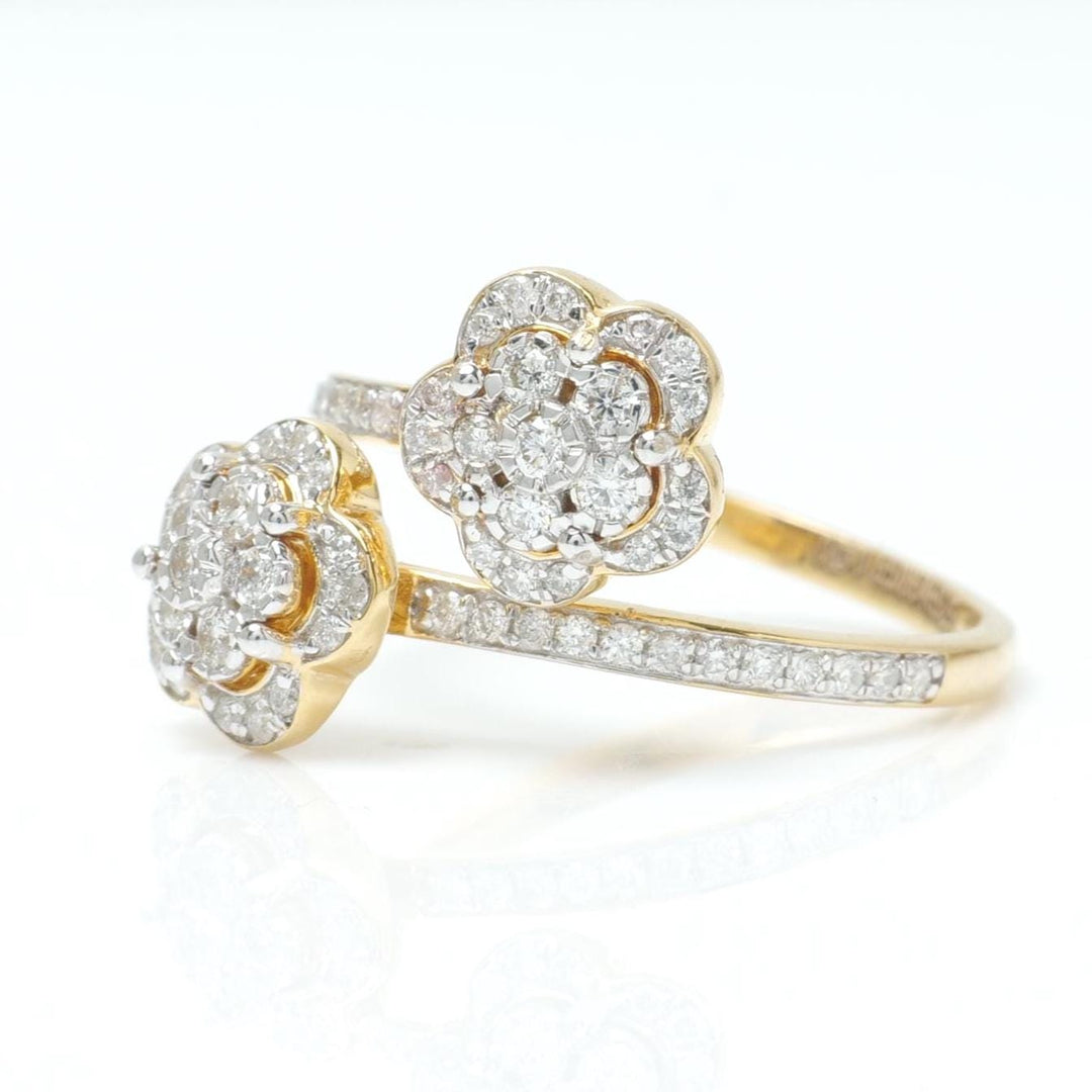 Double Floral Bypass Natural Diamond Ring: 14k Solid Gold Twin Flower Open Cuff Band Jewellery, Certified Jewelry