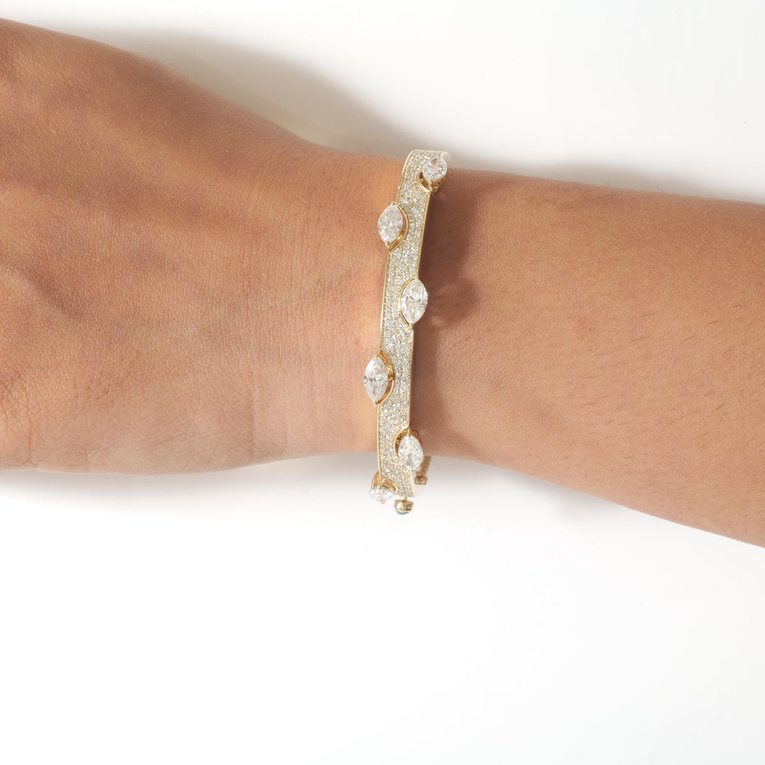 Marquise Natural Diamond Bangle Bracelet, 14k Solid Gold Pave Cuff Bracelet, Certified Jewelry