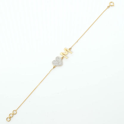 Heart Initial Natural Diamond Bracelet: 14k Solid Gold Personalized Letter Bracelet, Minimalist Custom Chain Jewelry, Ready To Ship