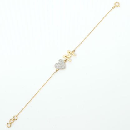 Heart Initial Natural Diamond Bracelet: 14k Solid Gold Personalized Letter Bracelet, Minimalist Custom Chain Jewelry, Ready To Ship