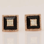 Load image into Gallery viewer, Square Black Enamel Natural Diamond Stud Earrings: 14k Solid Gold Princess Halo Stud Jewellery, Certified Jewelry
