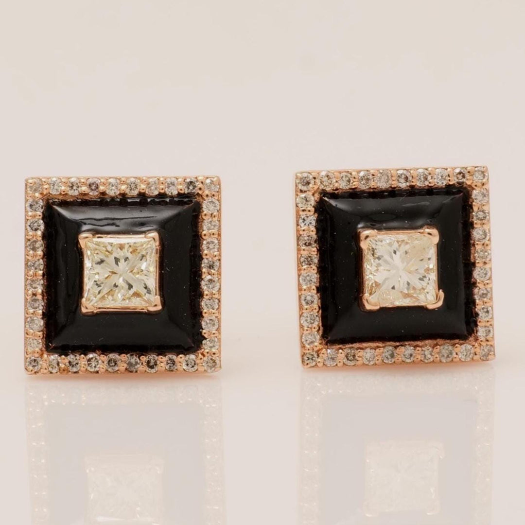 Square Black Enamel Natural Diamond Stud Earrings: 14k Solid Gold Princess Halo Stud Jewellery, Certified Jewelry