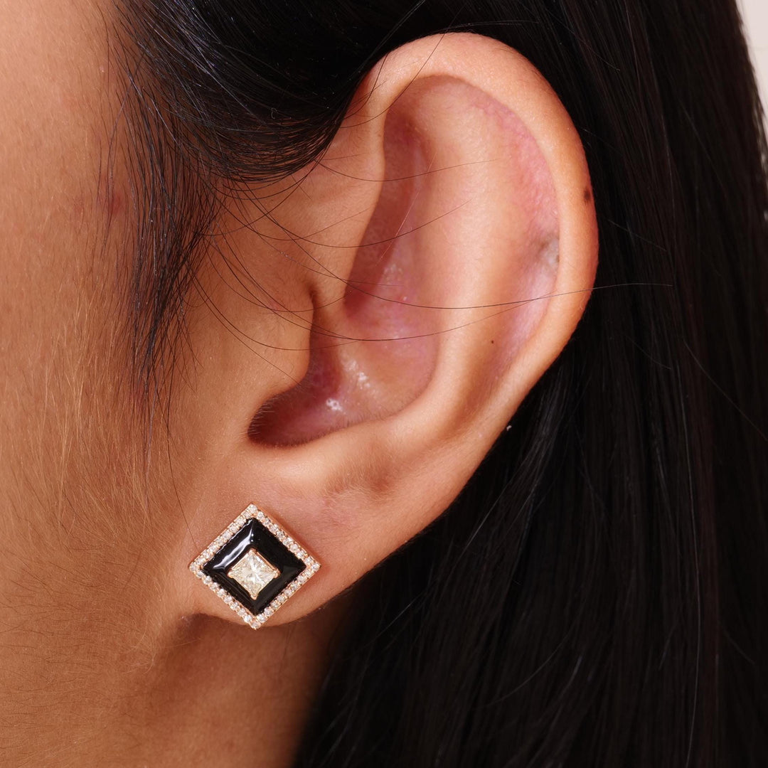 Square Black Enamel Natural Diamond Stud Earrings: 14k Solid Gold Princess Halo Stud Jewellery, Certified Jewelry