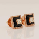 Load image into Gallery viewer, Square Black Enamel Natural Diamond Stud Earrings: 14k Solid Gold Princess Halo Stud Jewellery, Certified Jewelry

