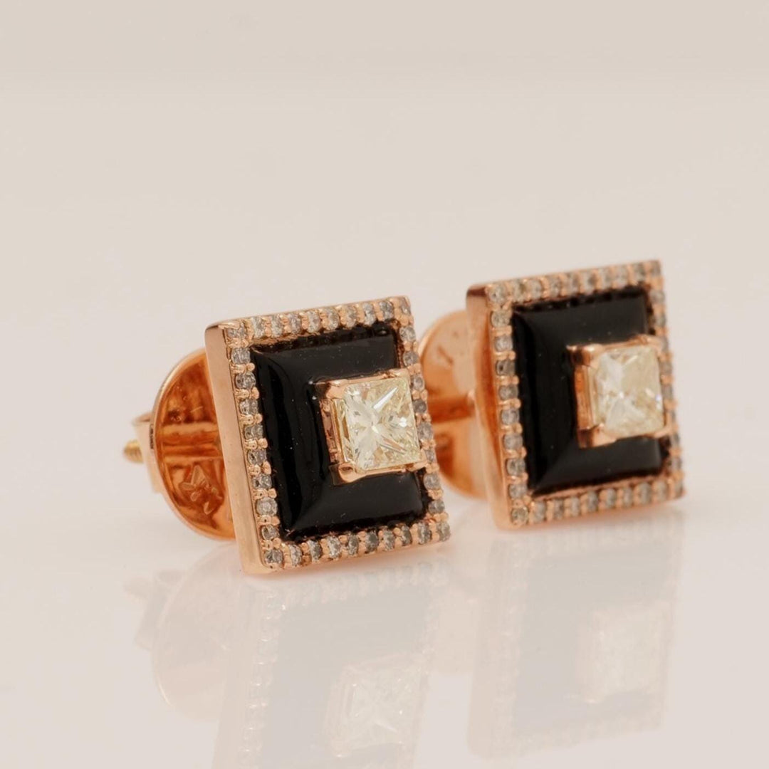 Square Black Enamel Natural Diamond Stud Earrings: 14k Solid Gold Princess Halo Stud Jewellery, Certified Jewelry