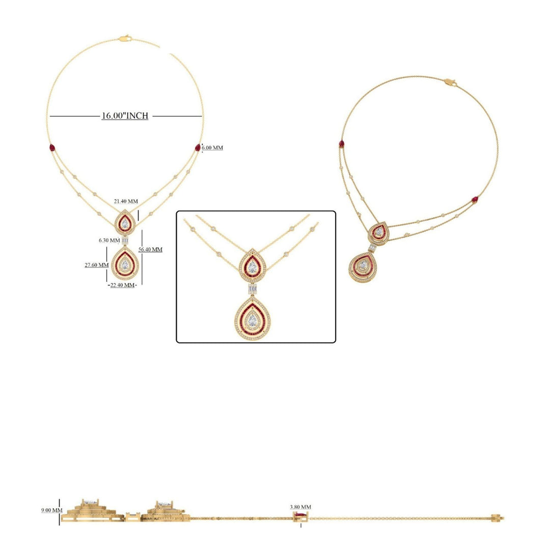 Natural Pear Diamond Halo Ruby Bridal Necklace: 14k Solid Gold Double Drop Gemstone Jewellery, Certified Jewelry