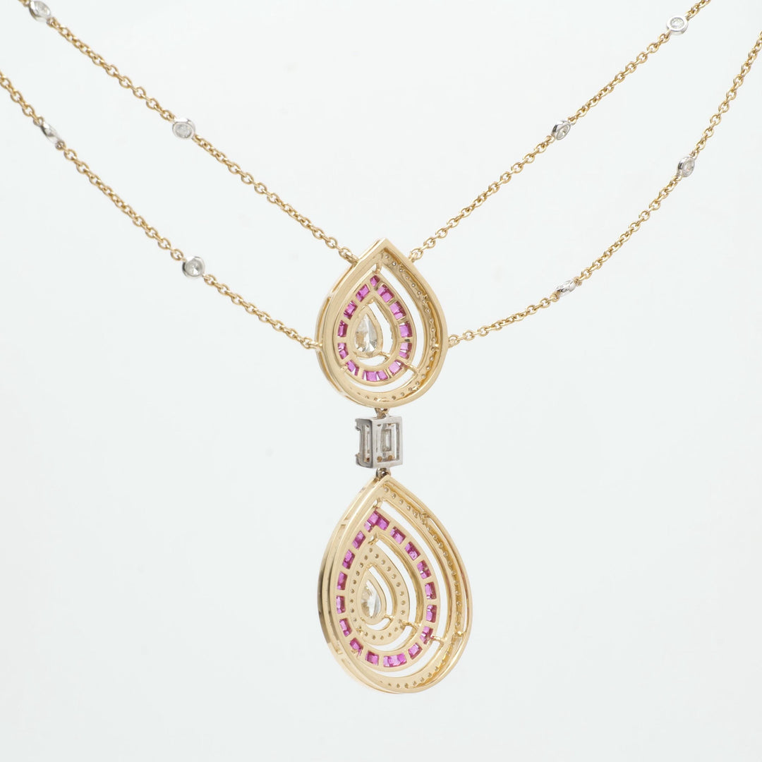 Natural Pear Diamond Halo Ruby Bridal Necklace: 14k Solid Gold Double Drop Gemstone Jewellery, Certified Jewelry