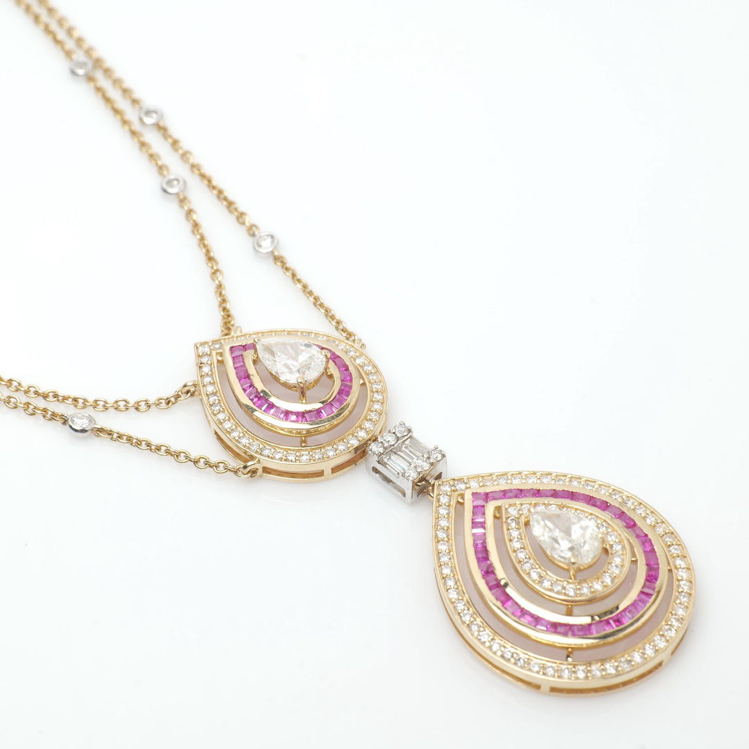 Natural Pear Diamond Halo Ruby Bridal Necklace: 14k Solid Gold Double Drop Gemstone Jewellery, Certified Jewelry