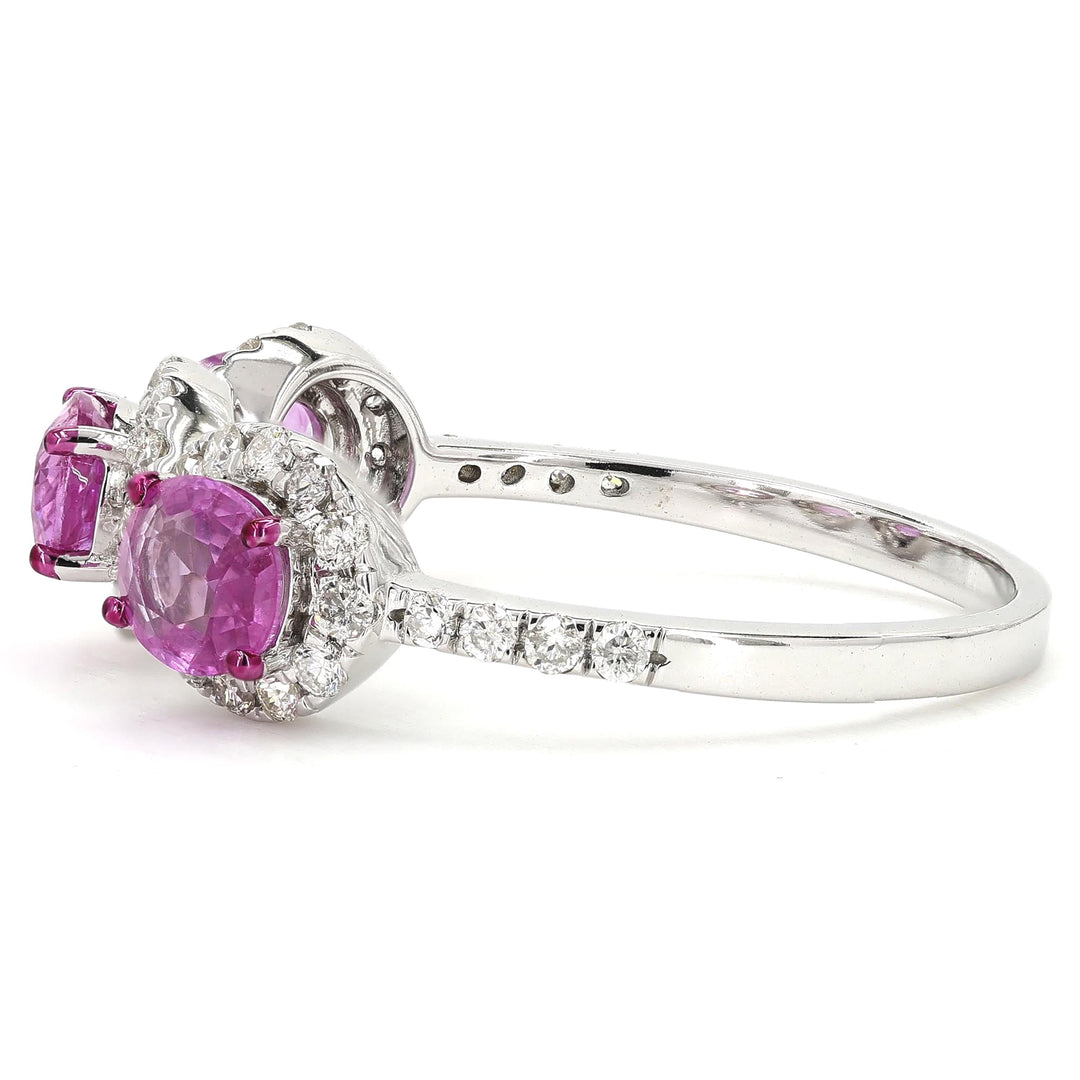 Three Stone Natural Pink Sapphire Diamond Ring: 14k Solid Gold Oval Halo Gemstone Band Jewellery, Certified Jewelry
