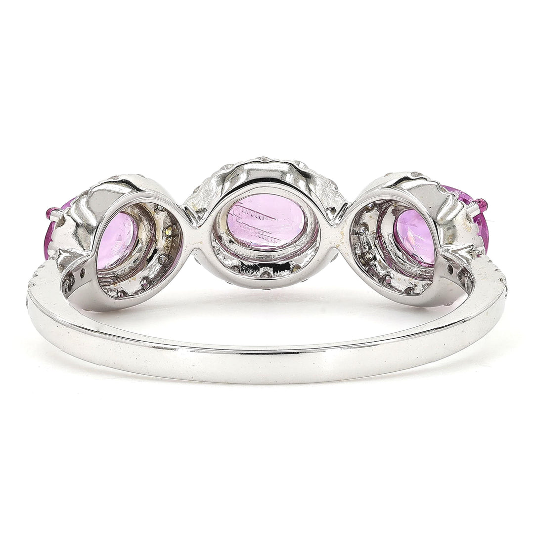 Three Stone Natural Pink Sapphire Diamond Ring: 14k Solid Gold Oval Halo Gemstone Band Jewellery, Certified Jewelry