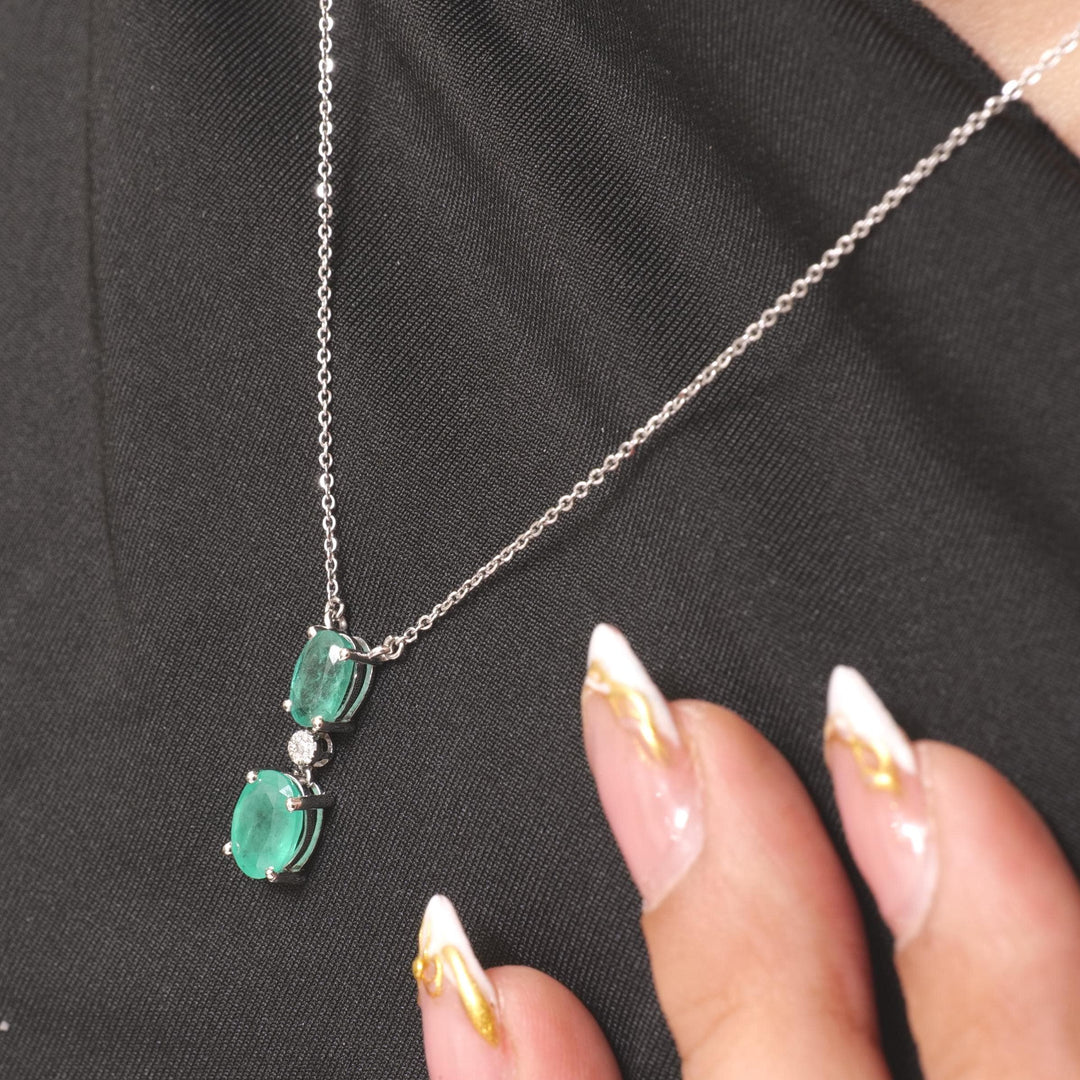 Natural Emerald Diamond Drop Pendant Necklace: 14k Solid Gold Double Oval Gemstone Jewellery, Stacking Minimalistic Chain, Certified Jewelry