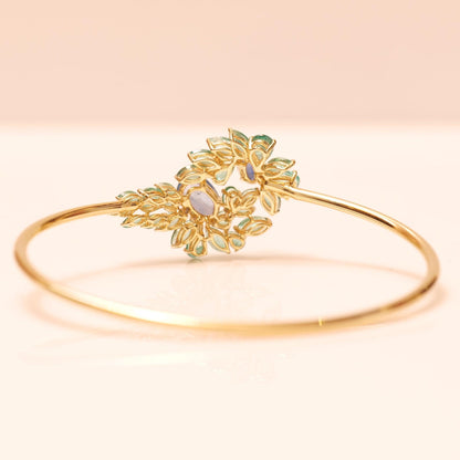 Natural Emerald Sapphire Floral Cuff Bracelet: 14K Solid Gold Gemstone Statement Jewellery, Certified Jewelry