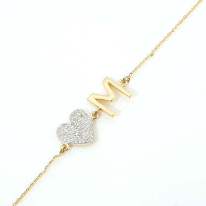 Heart Initial Natural Diamond Bracelet: 14k Solid Gold Personalized Letter Bracelet, Minimalist Custom Chain Jewelry, Ready To Ship