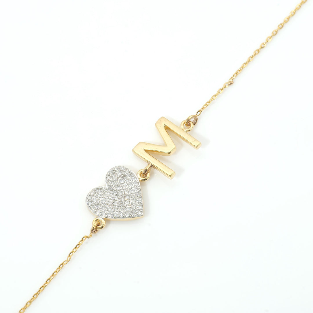 Heart Initial Natural Diamond Bracelet: 14k Solid Gold Personalized Letter Bracelet, Minimalist Custom Chain Jewelry, Ready To Ship